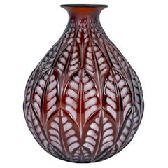 Antique 1927 René Lalique Vase Malesherbes Dark Amber Glass White Patina