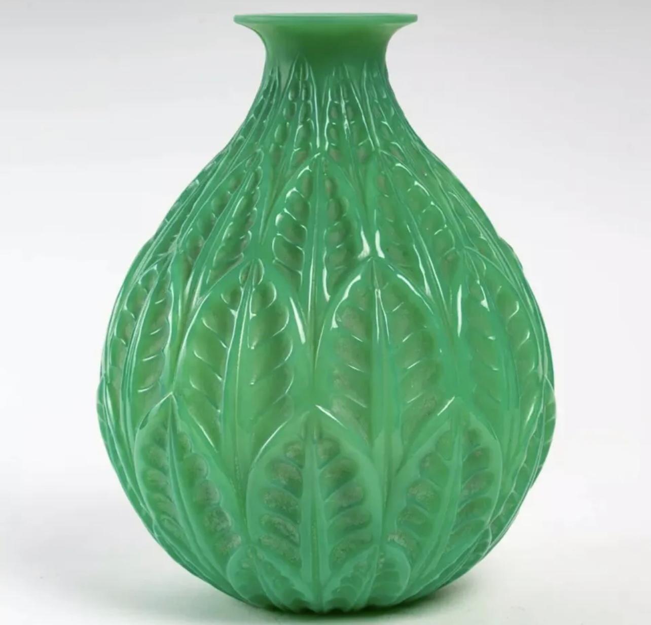 1927 René Lalique Vase Malesherbes in Cased Jade Green Glass at 1stDibs