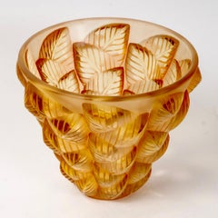 1927 René Lalique - Vase Moissac Jaune Verre Ambre Patine Sépia