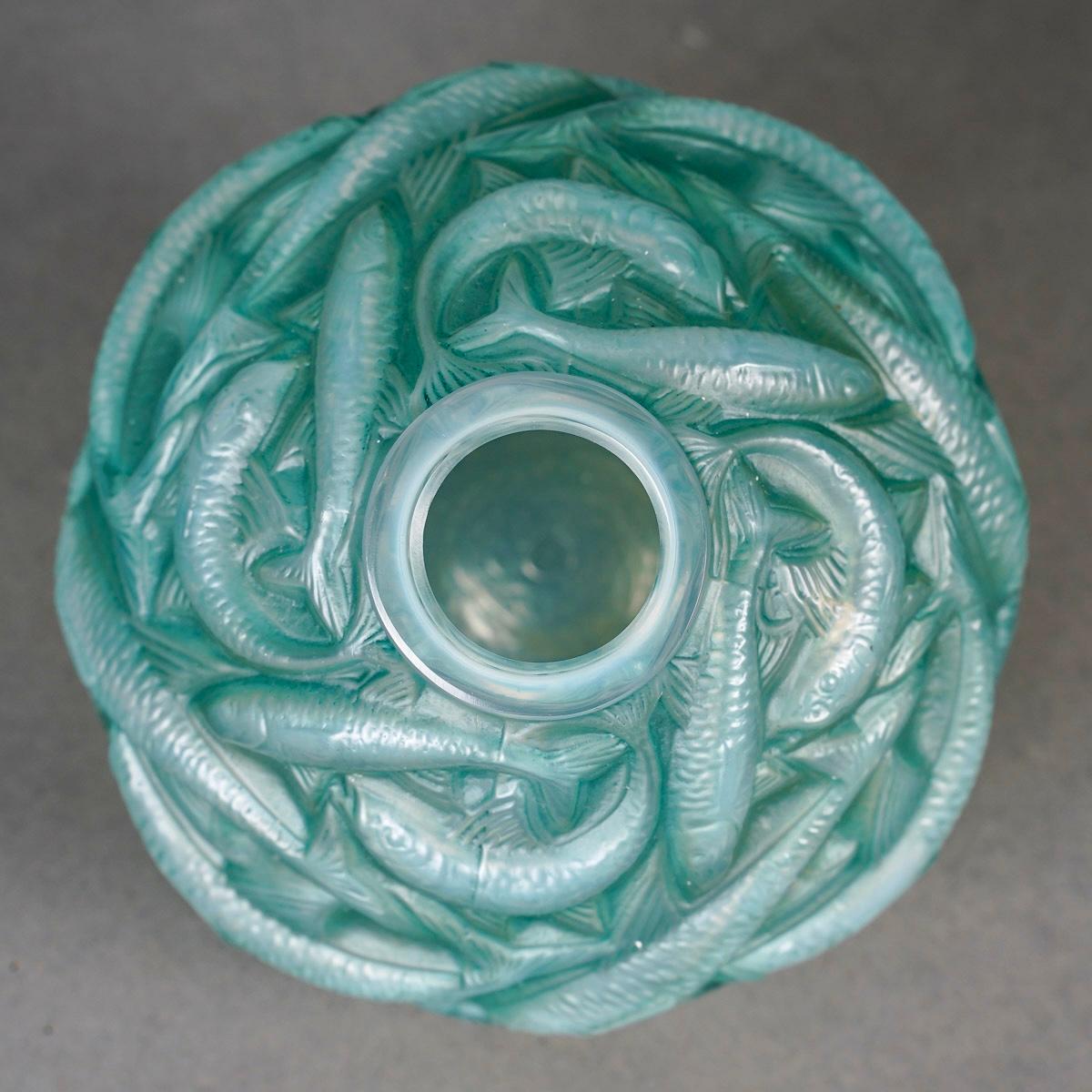 Art Deco 1927 René Lalique Vase Oleron Cased Opalescent Glass with Green Patina