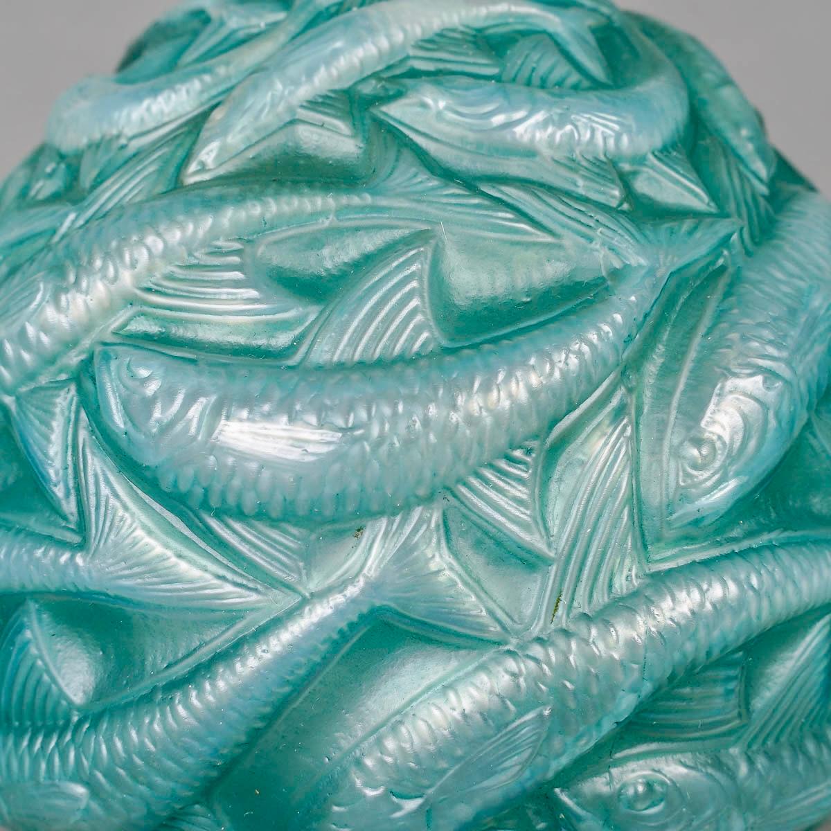 French 1927 René Lalique Vase Oleron Cased Opalescent Glass with Green Patina