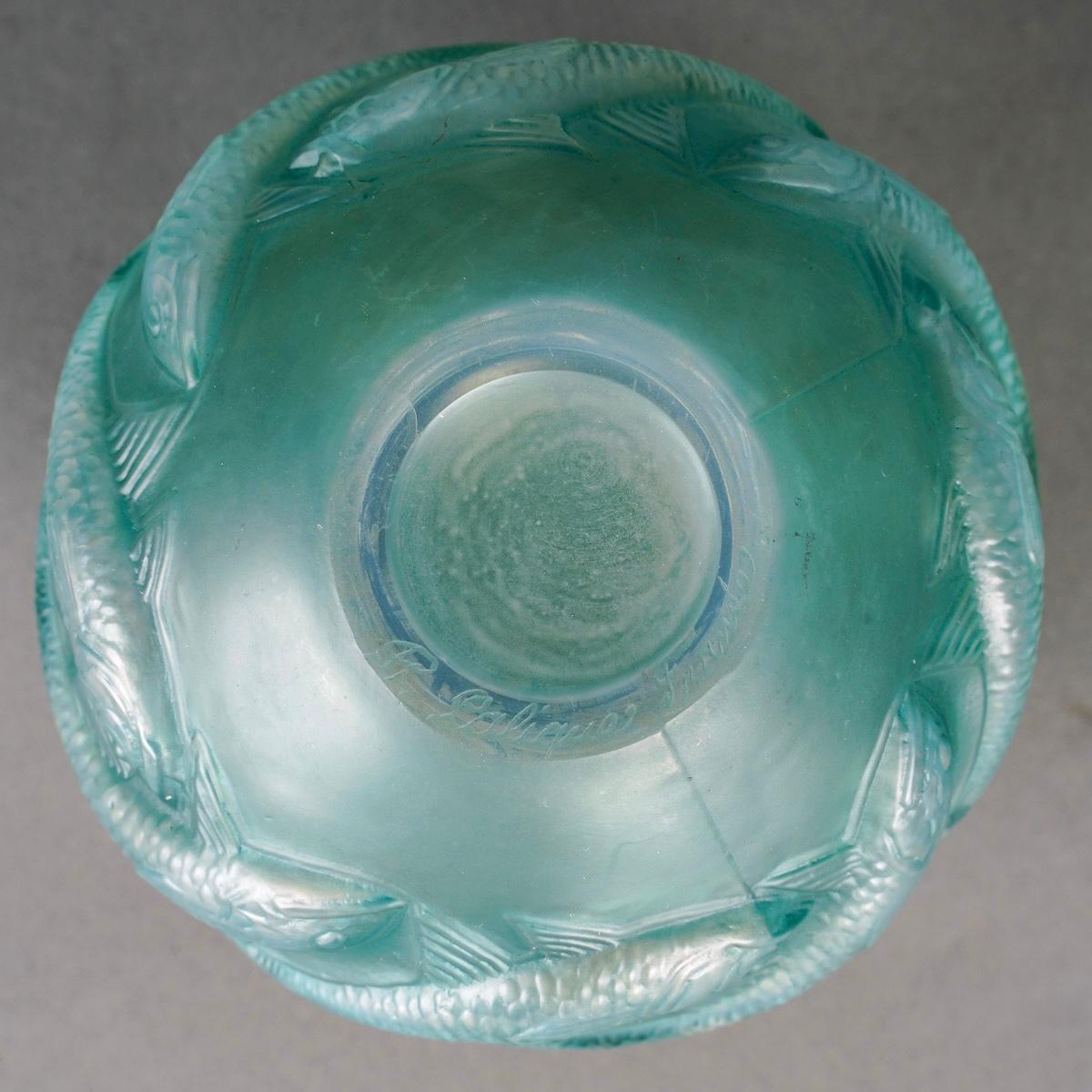 Molded 1927 René Lalique Vase Oleron Cased Opalescent Glass with Green Patina