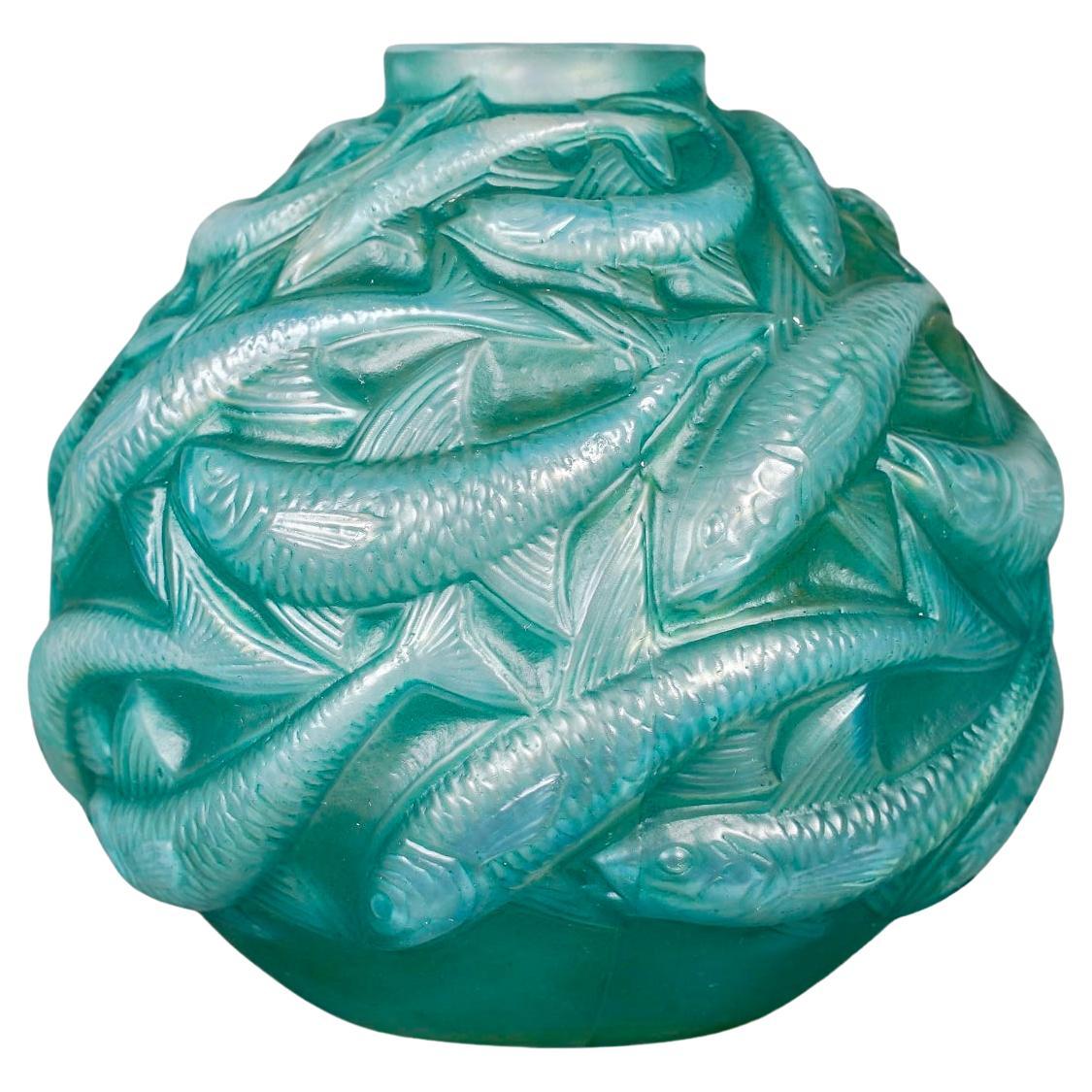 1927 René Lalique Vase Oleron Cased Opalescent Glass with Green Patina