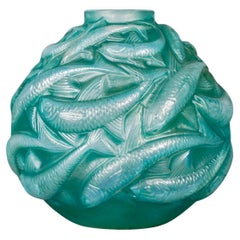 1927 René Lalique Vase Oleron Cased Opalescent Glass with Green Patina