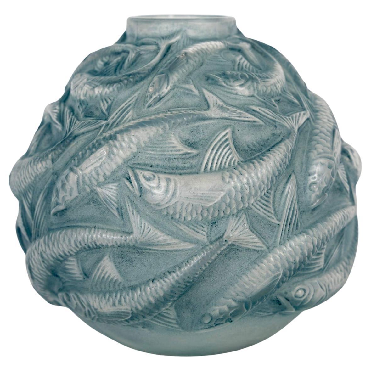 1927 René Lalique Vase Oleron Frosted Glass with Blue Patina