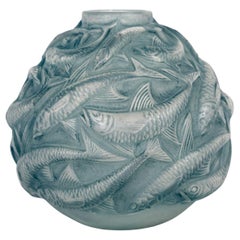 1927 René Lalique Vase Oleron Frosted Glass with Blue Patina