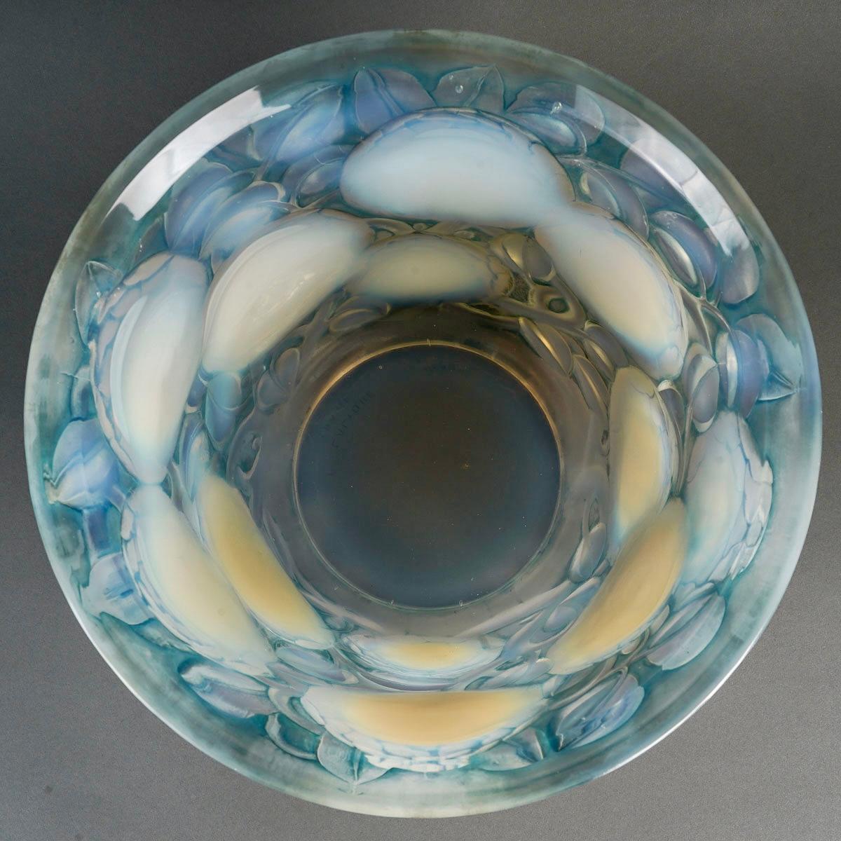 Molded 1927 Rene Lalique Vase Oran Opalescent Glass with Blue Patina For Sale