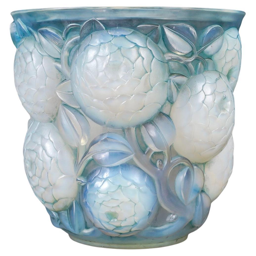 1927 Rene Lalique Vase Oran Opalescent Glass with Blue Patina For Sale