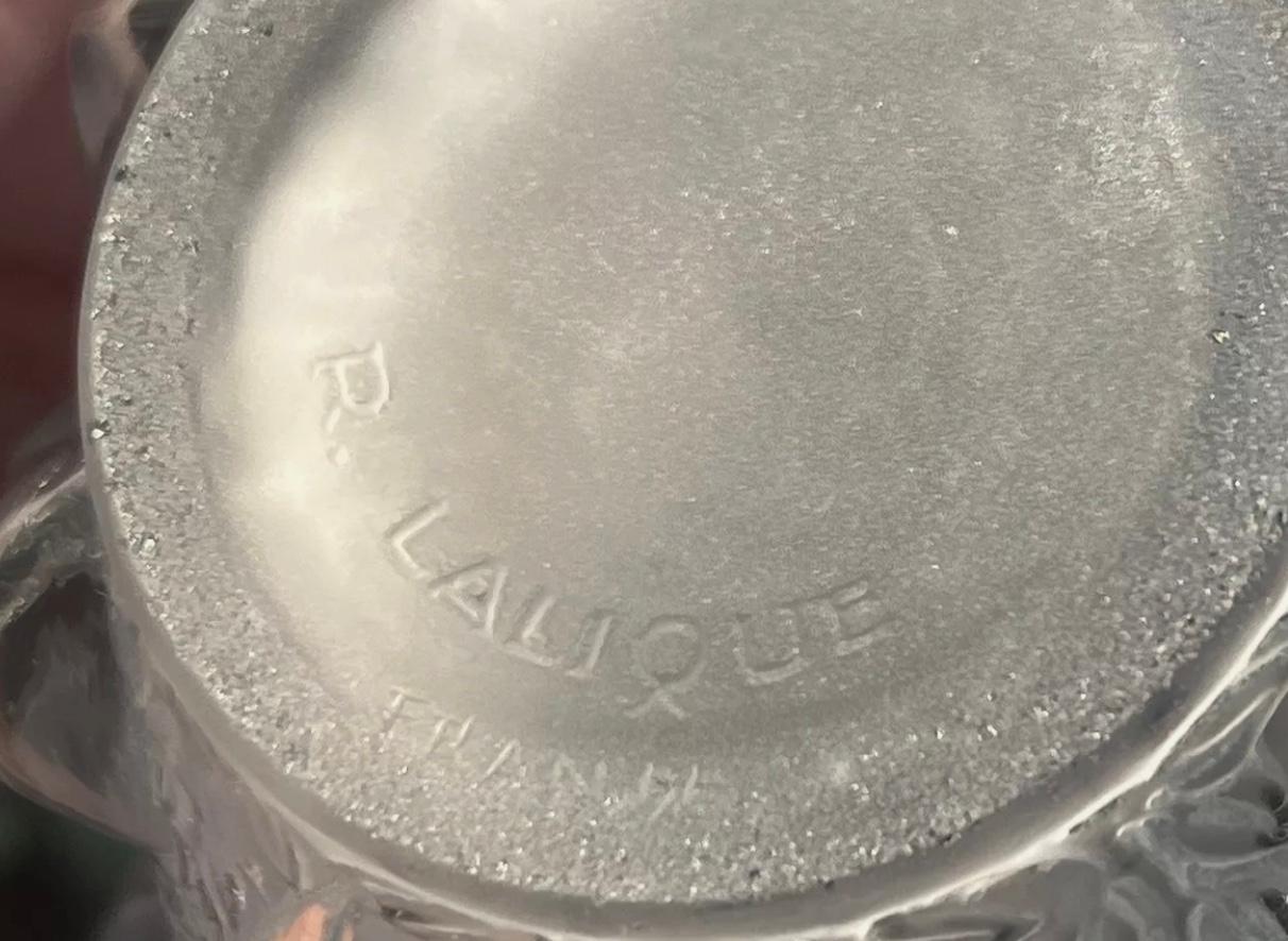 French 1927 René Lalique Vase Rampillon Frosted Glass with Blue Patina