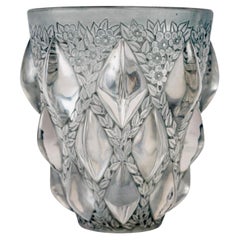1927 René Lalique Vase Rampillon Frosted Glass with Blue Patina