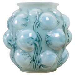 1927 René Lalique, Vase Tulipes Double Cased Opalescent Glass with Blue Patina