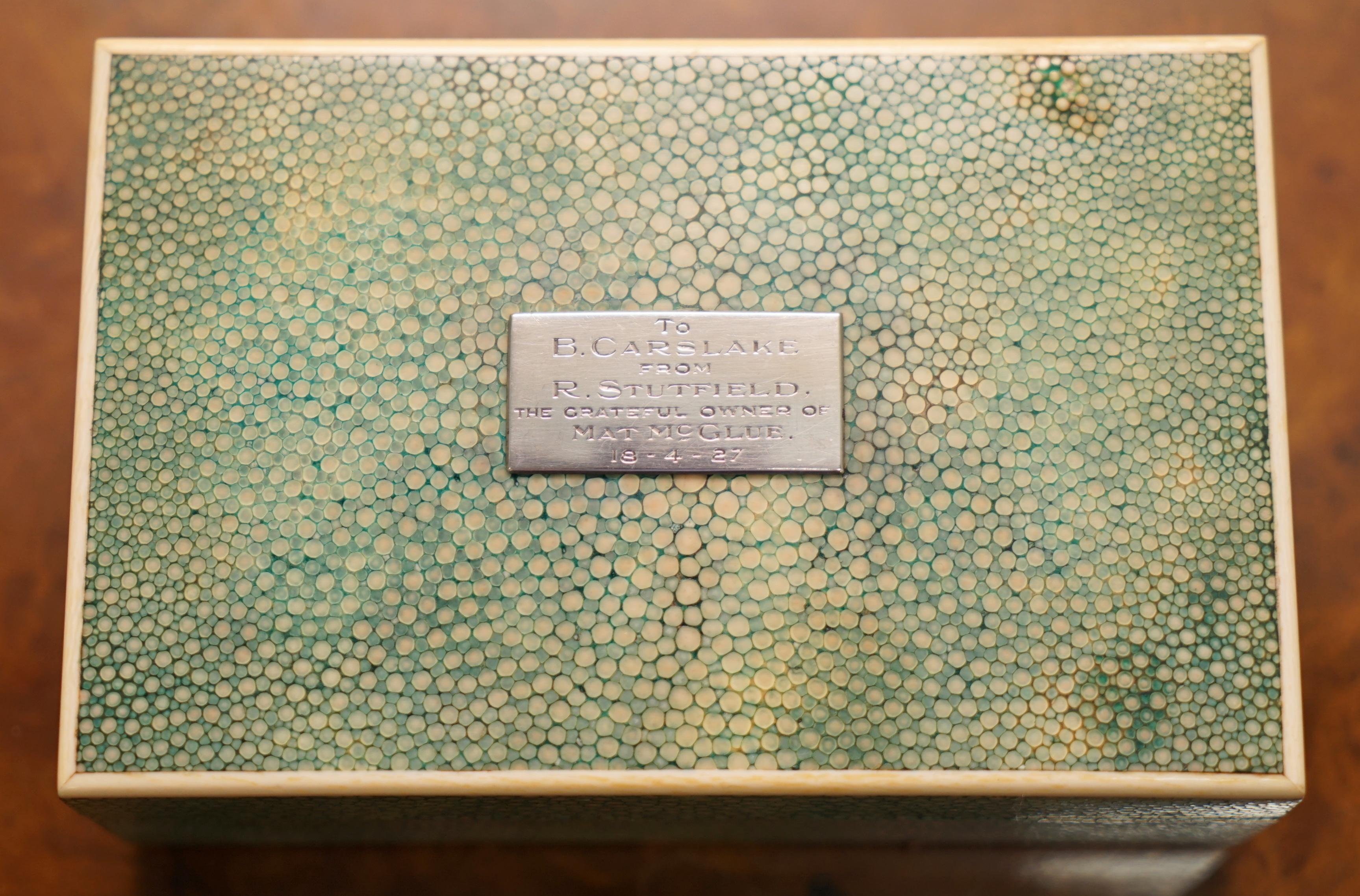 Art Deco 1927 Shargreen Cigarette Box Given to Jockey Bernard Brownie Carslake Shark Skin For Sale