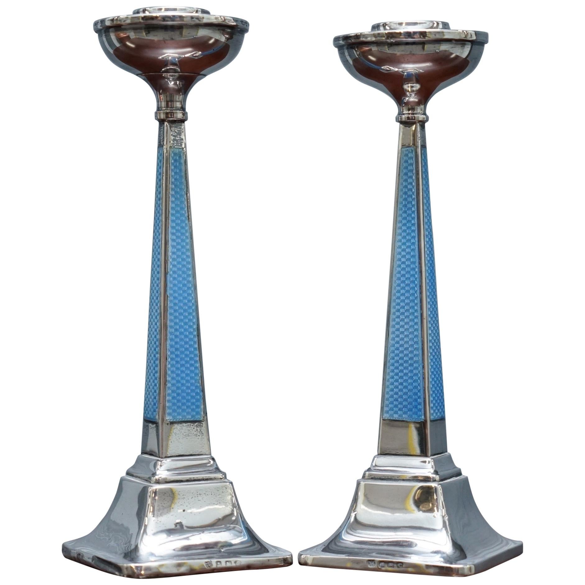 1927 Sterling Silver & Guilloche Enamel Candlesticks Pair by Charles Green & Co For Sale