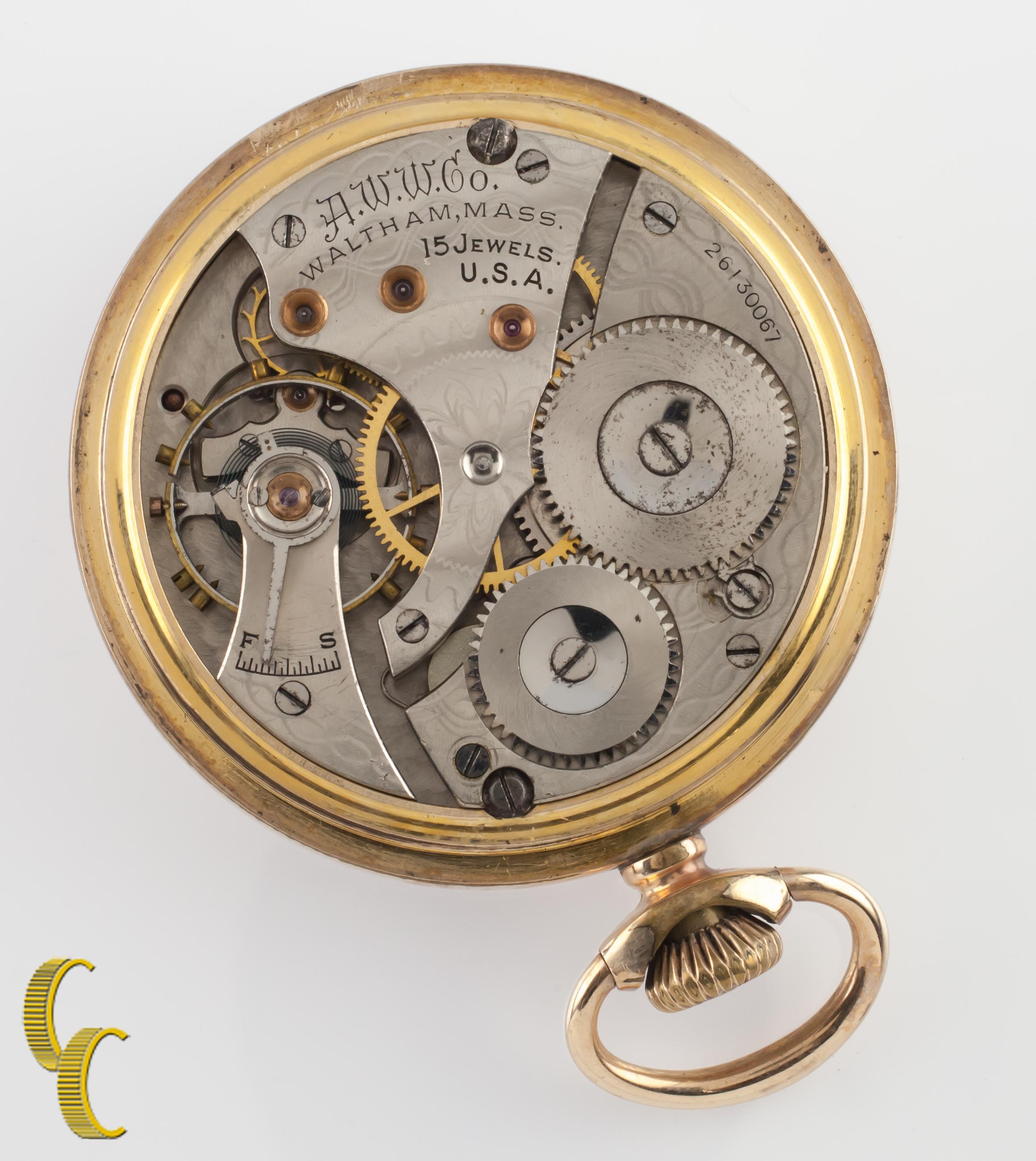 Beautiful antique Waltham pocket watch with white dial, blue hands and a dedicated seconds dial.
Yellow gold-filled case with no engraving.
Black numbers.
Case serial # 9733970.
15-jewel Waltham movement serial # 26130067.
Year of Manufacture: