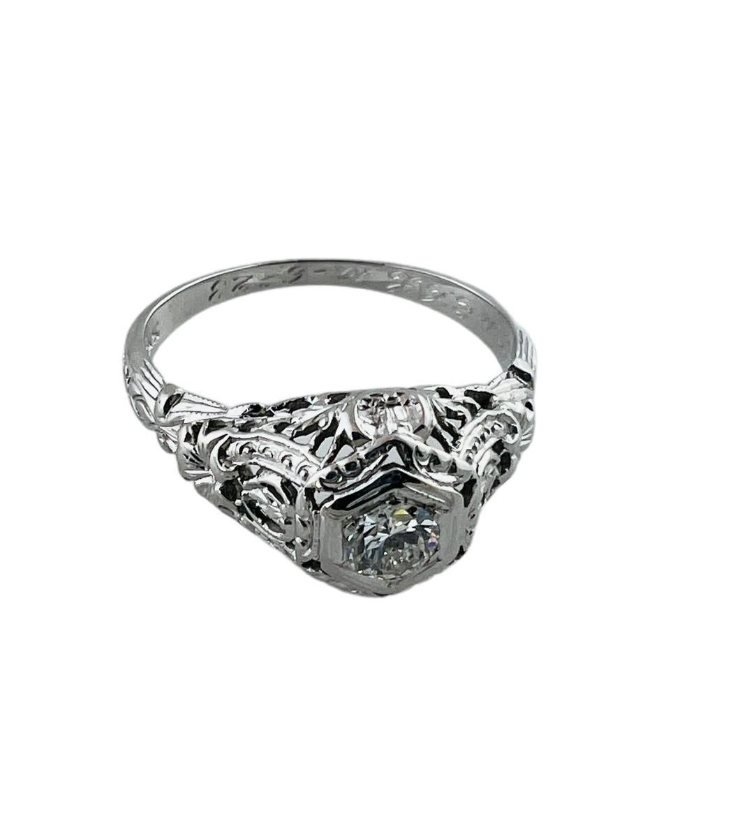 Brilliant Cut 1928 18K White Gold Diamond Filigree Engagement Ring #16582 For Sale