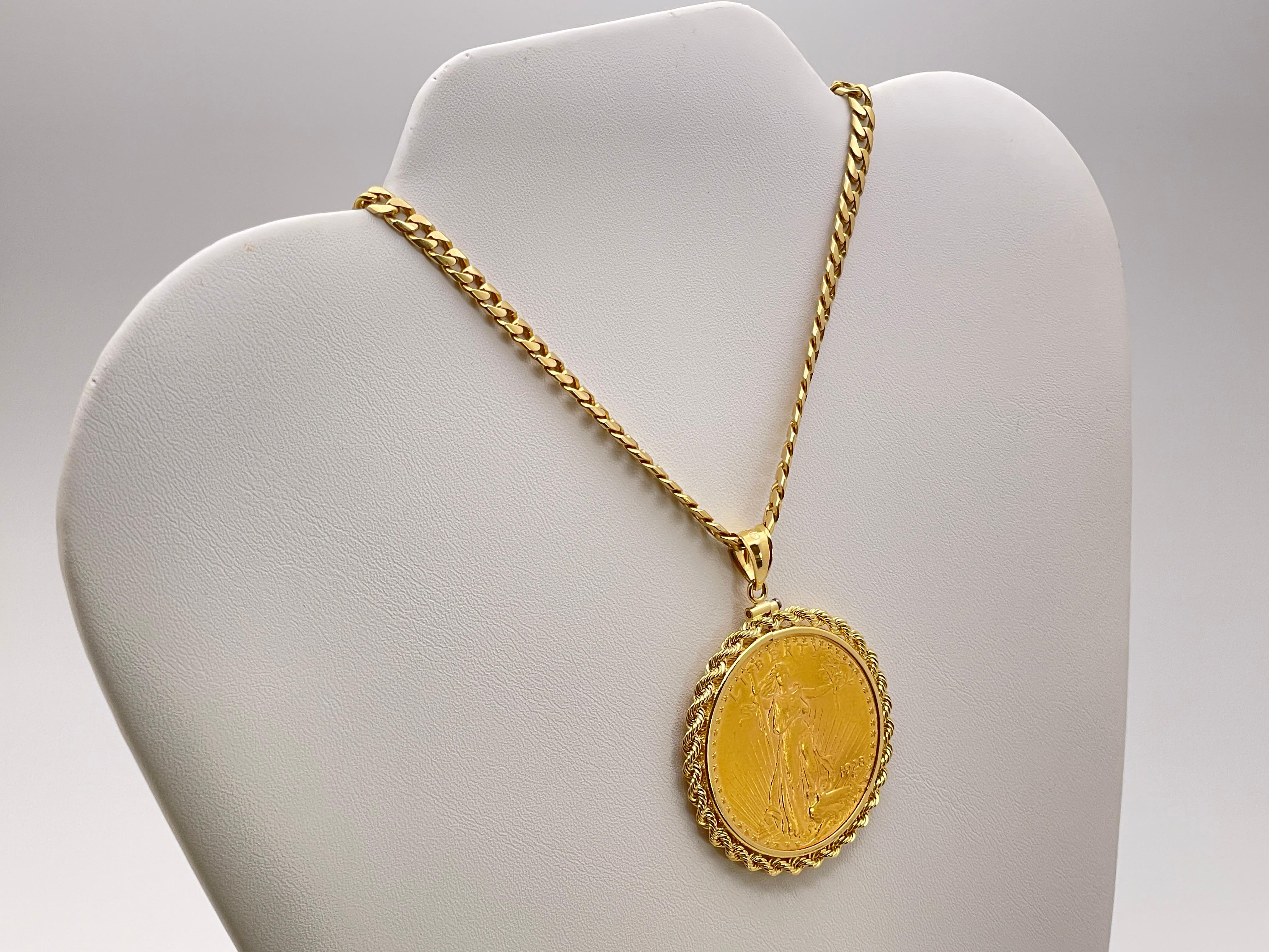 Women's or Men's 1928 $20 Saint Gaudens Double Eagle Gold Coin Pendant For Sale