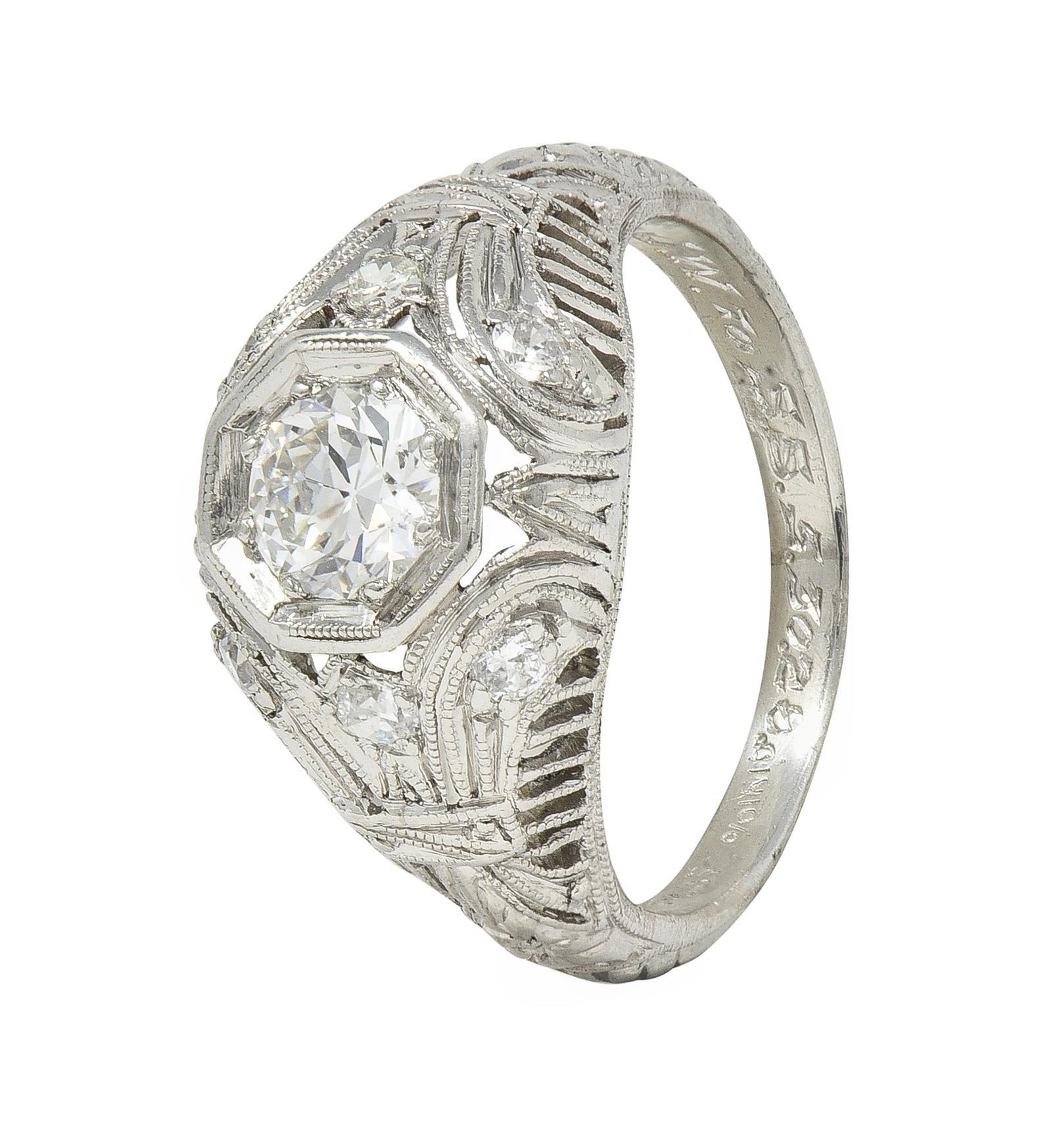 1928 Art Deco 0.56 CTW Old European Diamond Platinum Engagement Ring For Sale 7