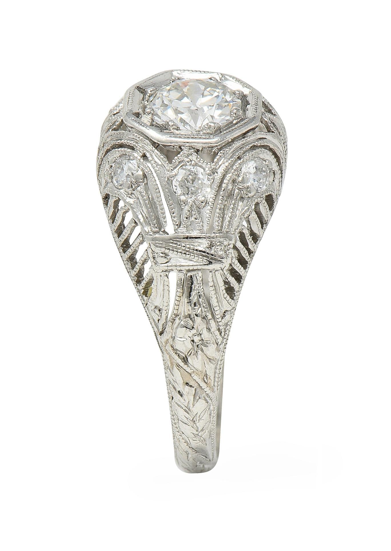 1928 Art Deco 0.56 CTW Old European Diamond Platinum Engagement Ring For Sale 8