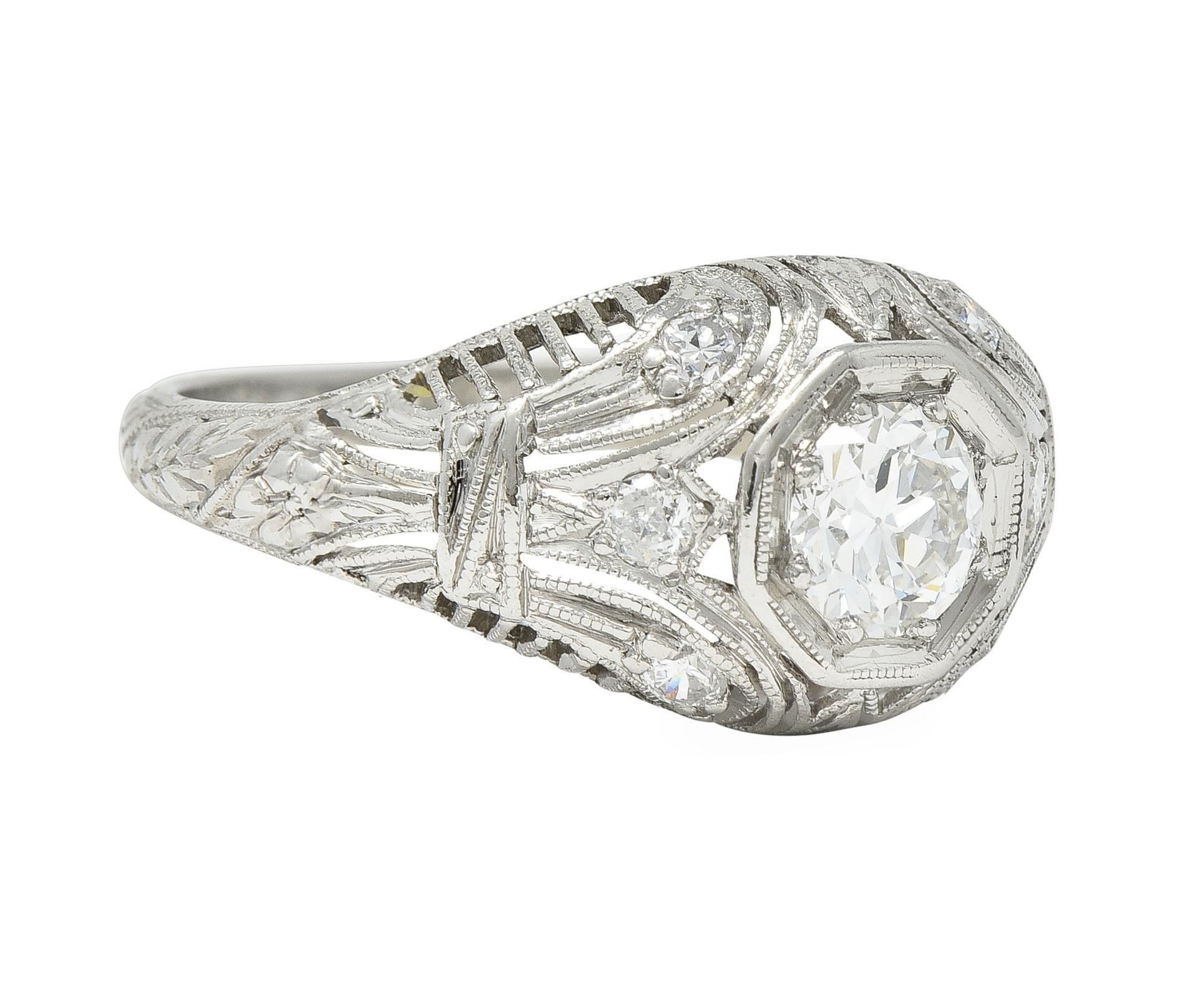 Old European Cut 1928 Art Deco 0.56 CTW Old European Diamond Platinum Engagement Ring For Sale