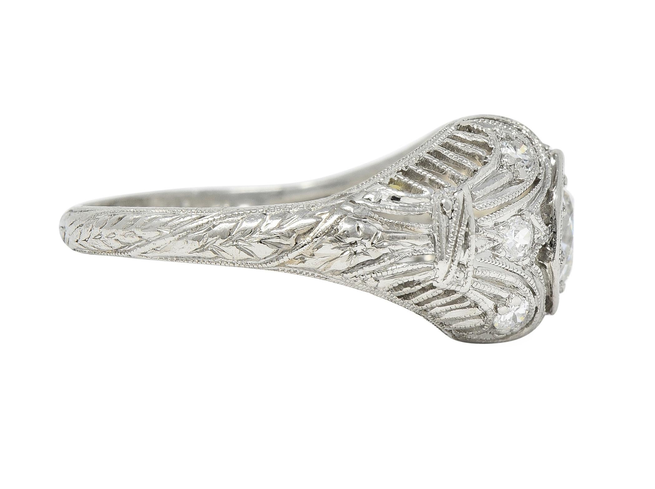 1928 Art Deco 0.56 CTW Old European Diamond Platinum Engagement Ring In Excellent Condition For Sale In Philadelphia, PA