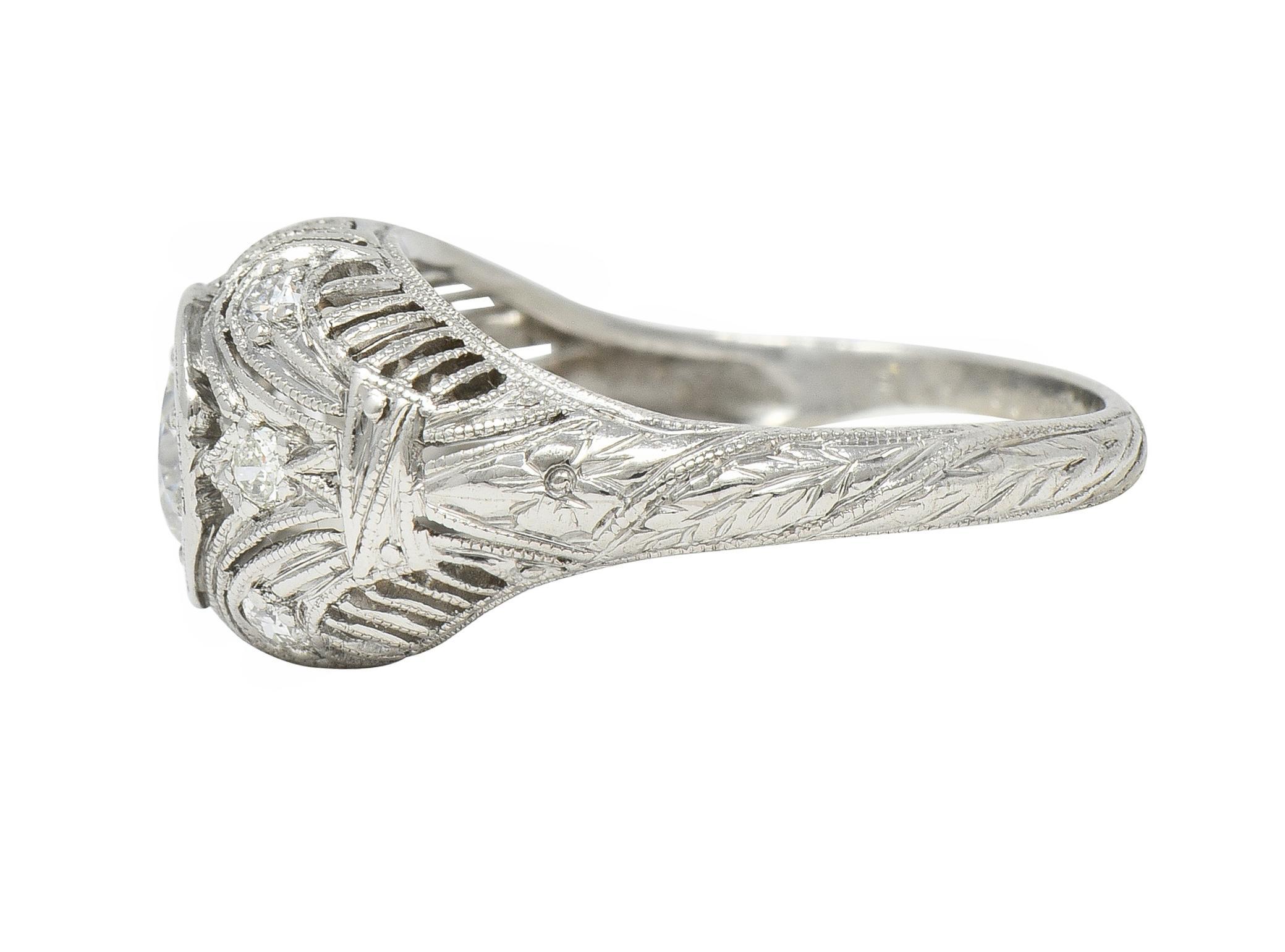 1928 Art Deco 0.56 CTW Old European Diamond Platinum Engagement Ring For Sale 1