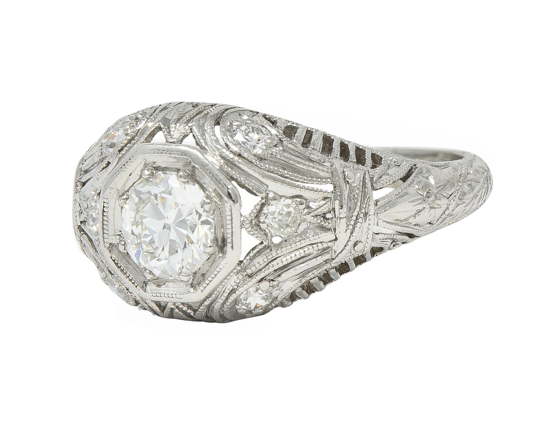 1928 Art Deco 0.56 CTW Old European Diamond Platinum Engagement Ring For Sale 2