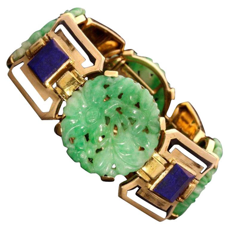 Gerard Sandoz 1928 Art Deco Gold, Jade, Lapis Lazuli and Enamel Bracelet