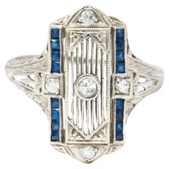 Antique 1928 Art Deco Sapphire Diamond 18 Karat White Gold Dinner Ring
