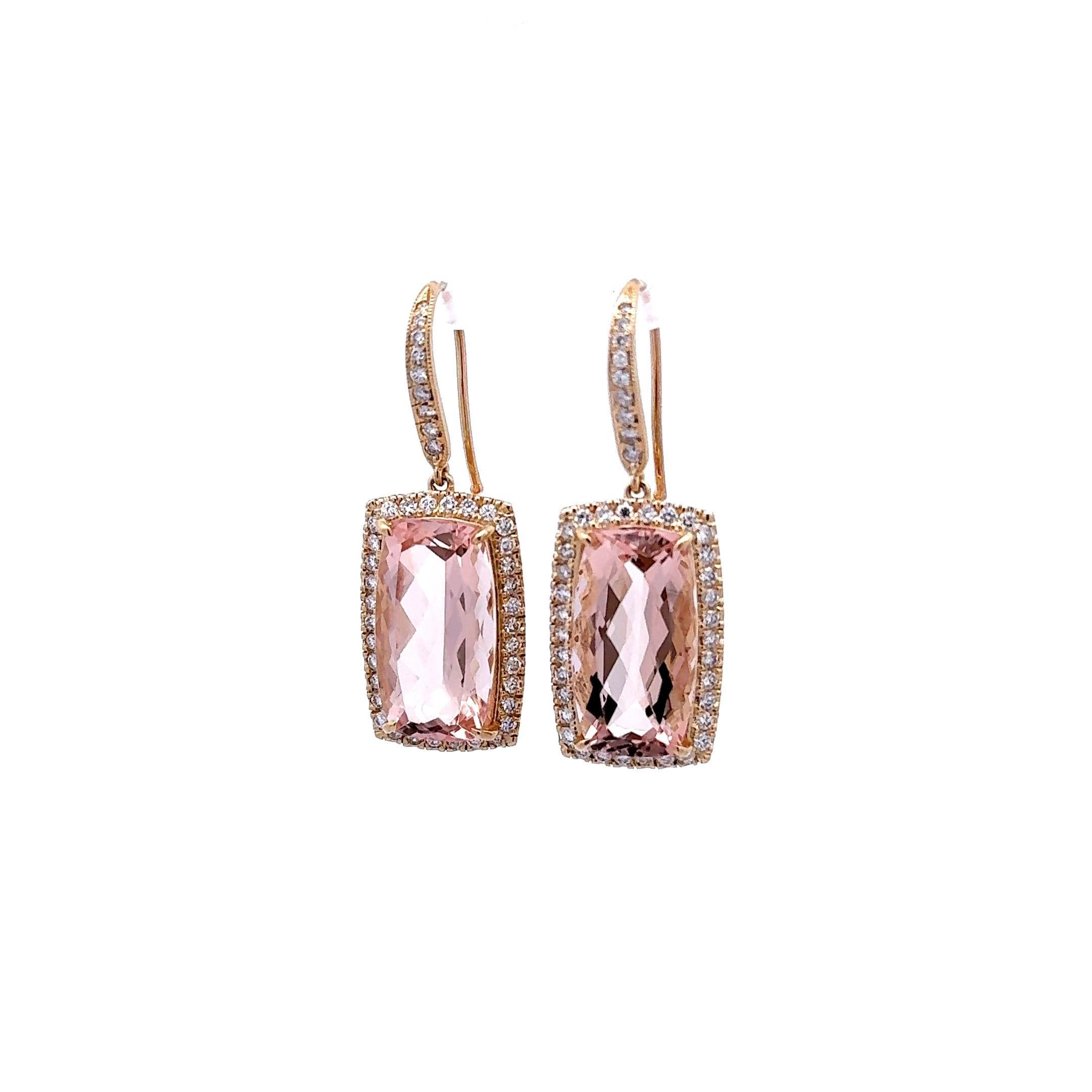 Contemporary 19.28 Carats Morganite Diamond 14k Yellow Gold Halo Hook Dangle Earrings For Sale