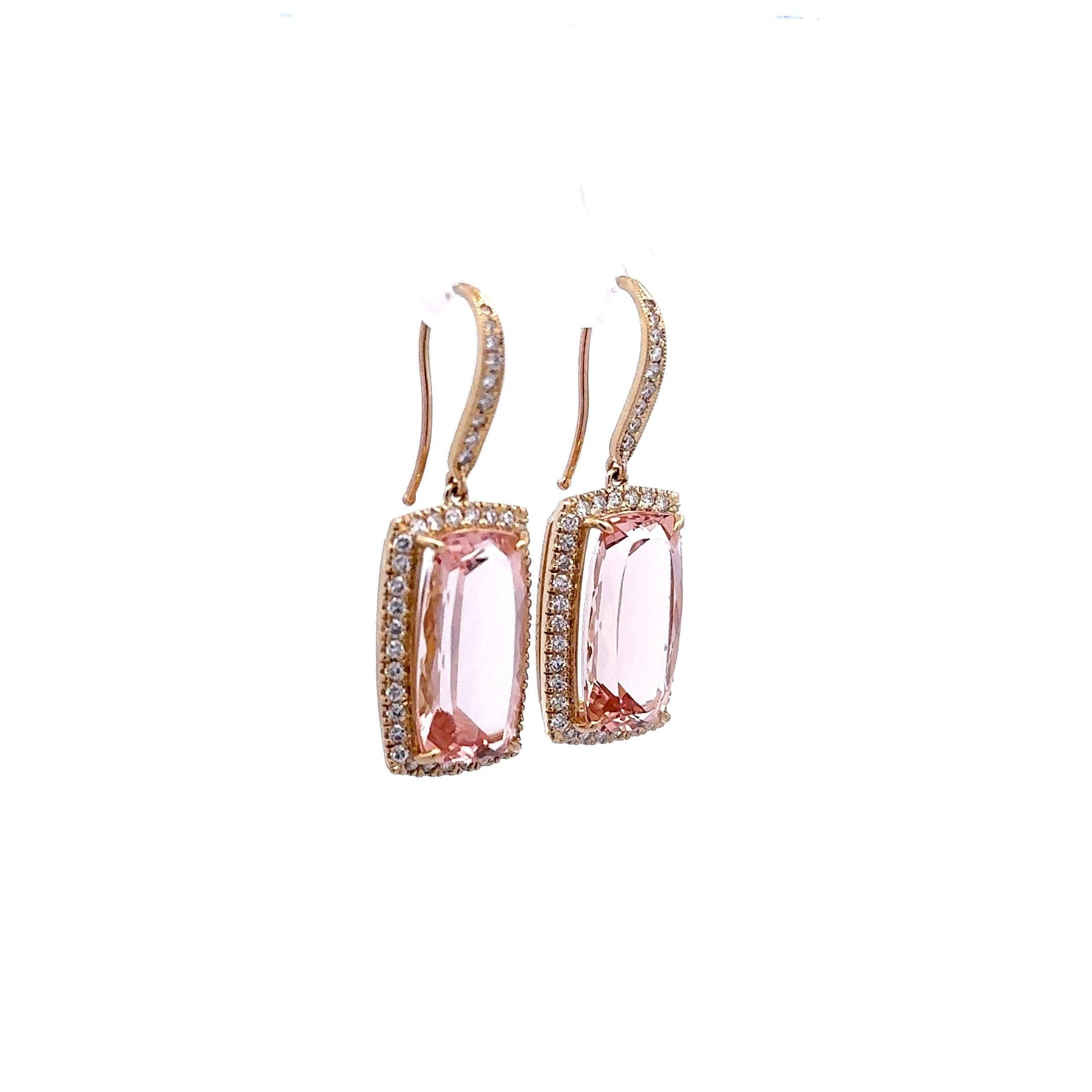 Cushion Cut 19.28 Carats Morganite Diamond 14k Yellow Gold Halo Hook Dangle Earrings For Sale
