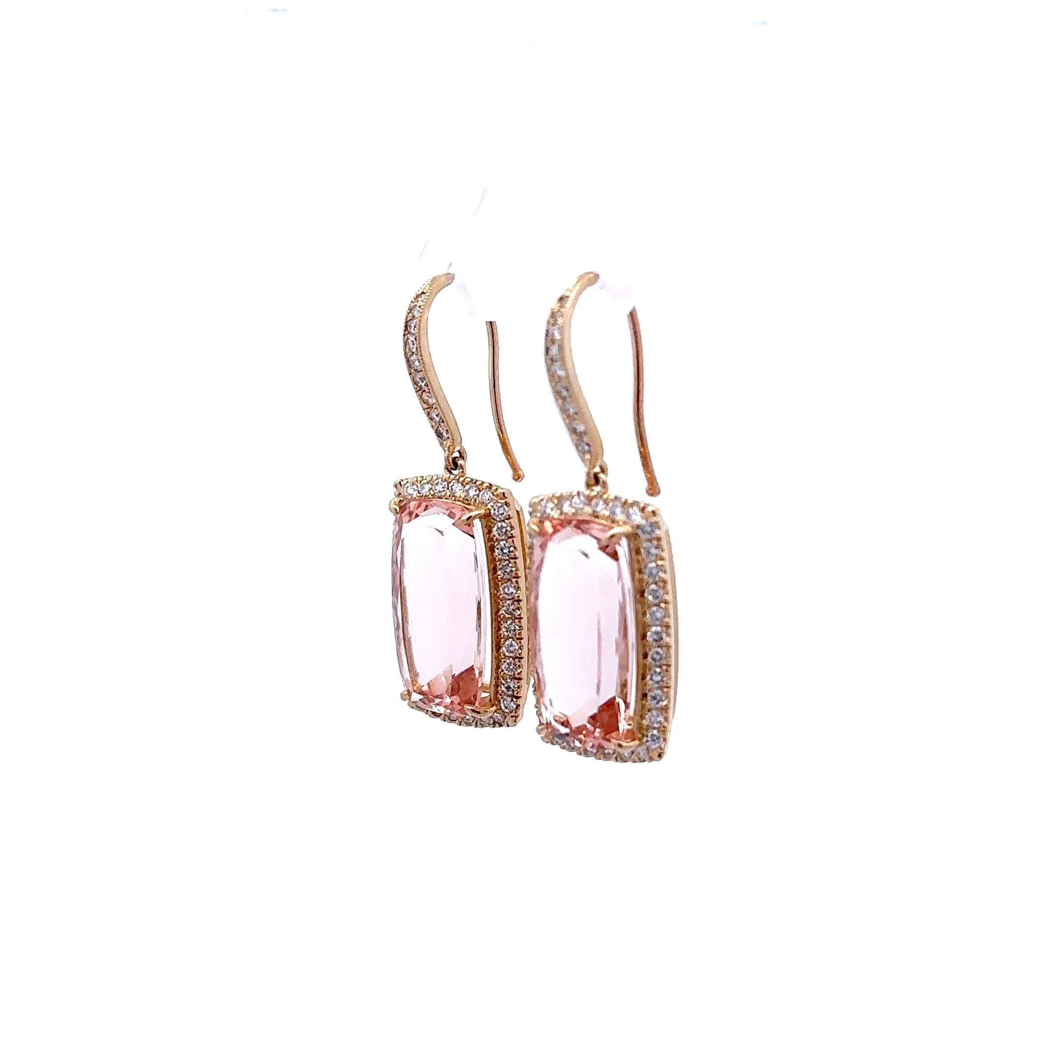 19.28 Carats Morganite Diamond 14k Yellow Gold Halo Hook Dangle Earrings In Excellent Condition For Sale In Beverly Hills, CA