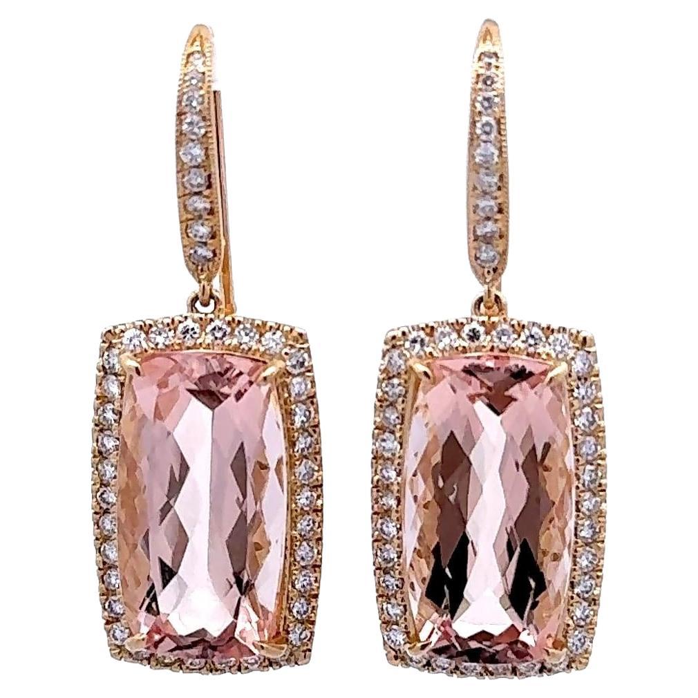 19.28 Carats Morganite Diamond 14k Yellow Gold Halo Hook Dangle Earrings