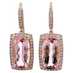 19.28 Carats Morganite Diamond 14k Yellow Gold Halo Hook Dangle Earrings