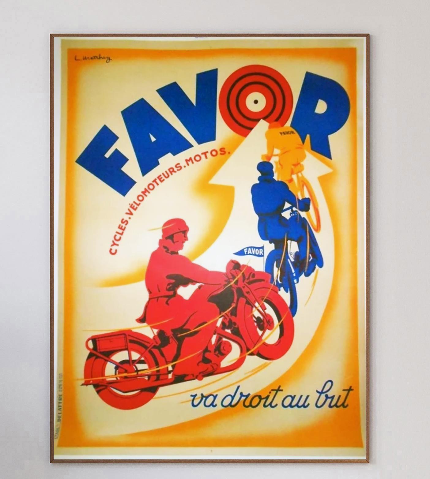 Début du 20ème siècle Affiche vintage d'origine Favor Cycles, 1928 en vente