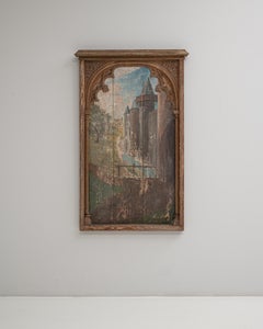 1928 French Gothic Revival Painting with Architectural Frame