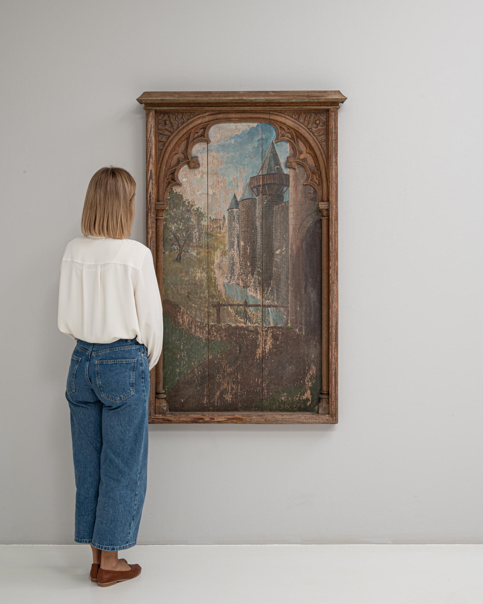 1928 Französisches Gemälde im Stil der Neogotik mit architektonischem Rahmen im Zustand „Gut“ im Angebot in High Point, NC