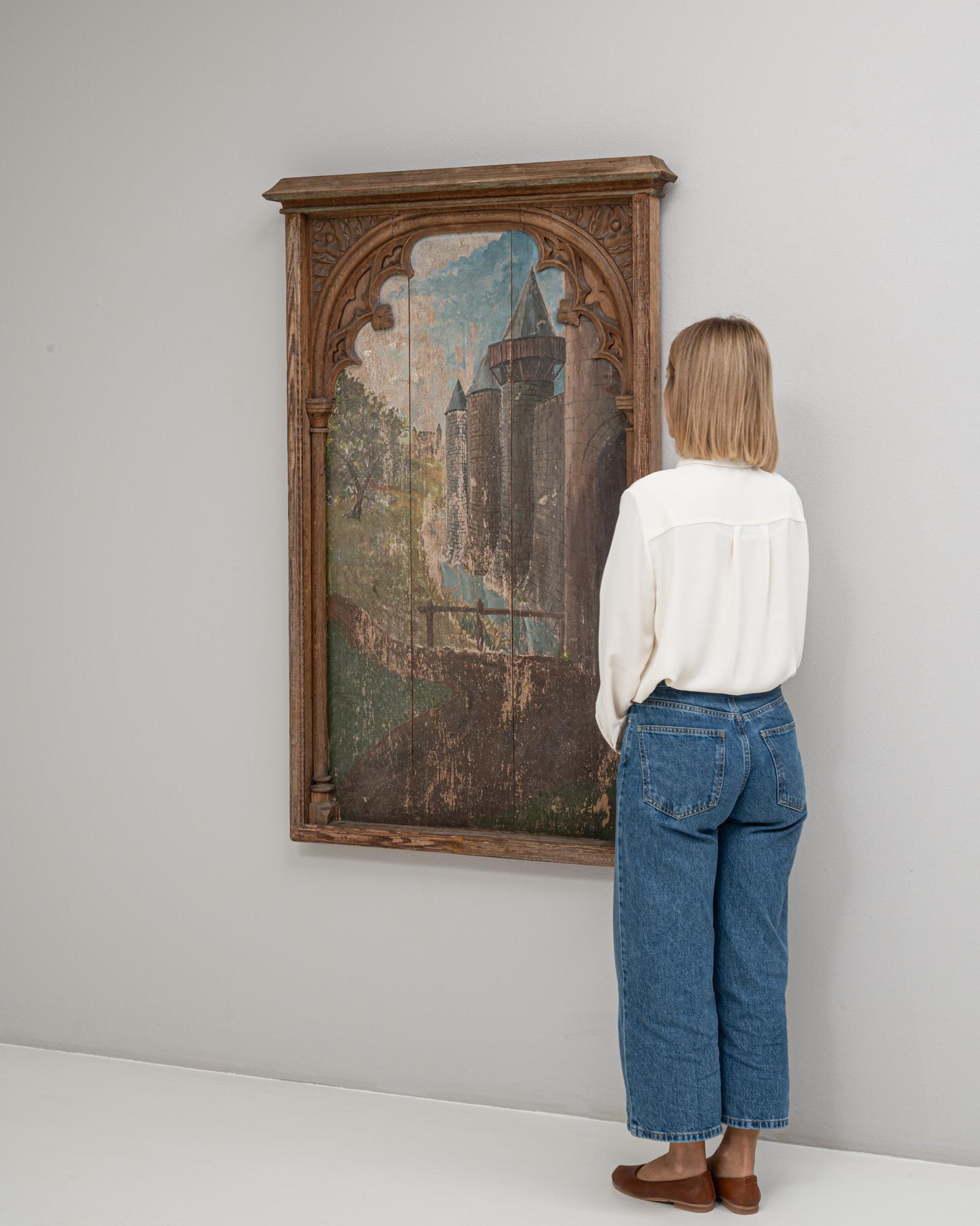 1928 Französisches Gemälde im Stil der Neogotik mit architektonischem Rahmen (Holz) im Angebot