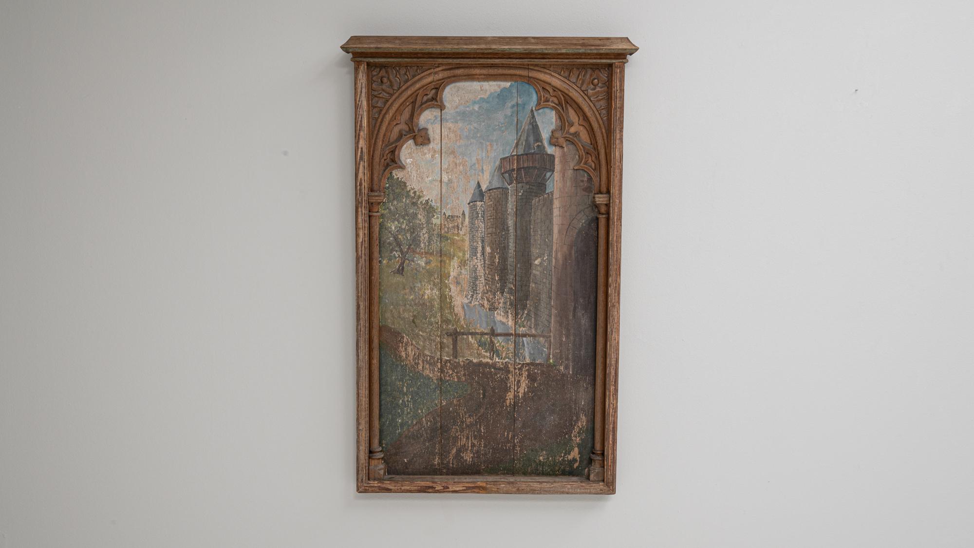 1928 Französisches Gemälde im Stil der Neogotik mit architektonischem Rahmen im Angebot 2