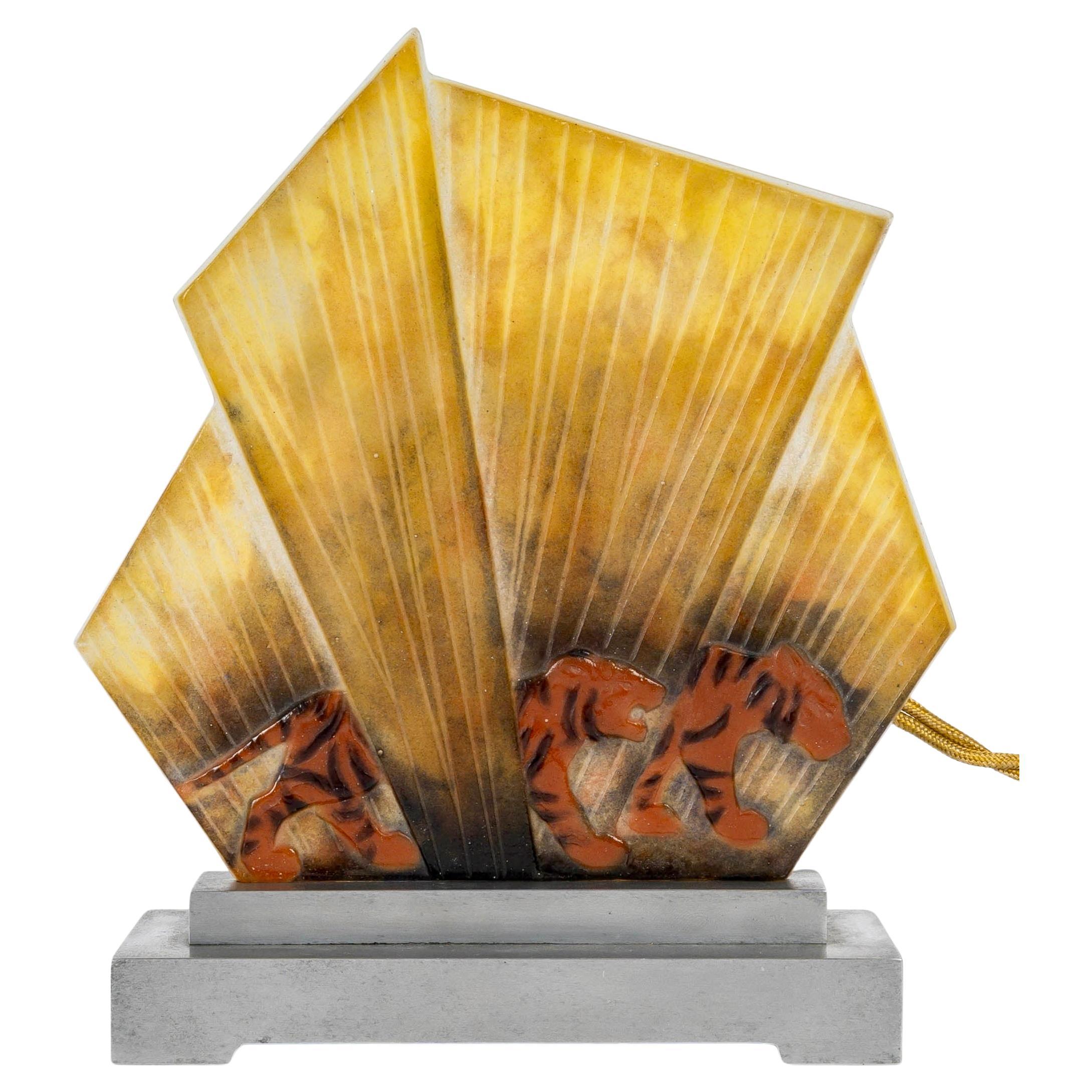 1928 ROUSSEAU - Lampe veilleuse Art Déco Verre Pate Verre Tigre