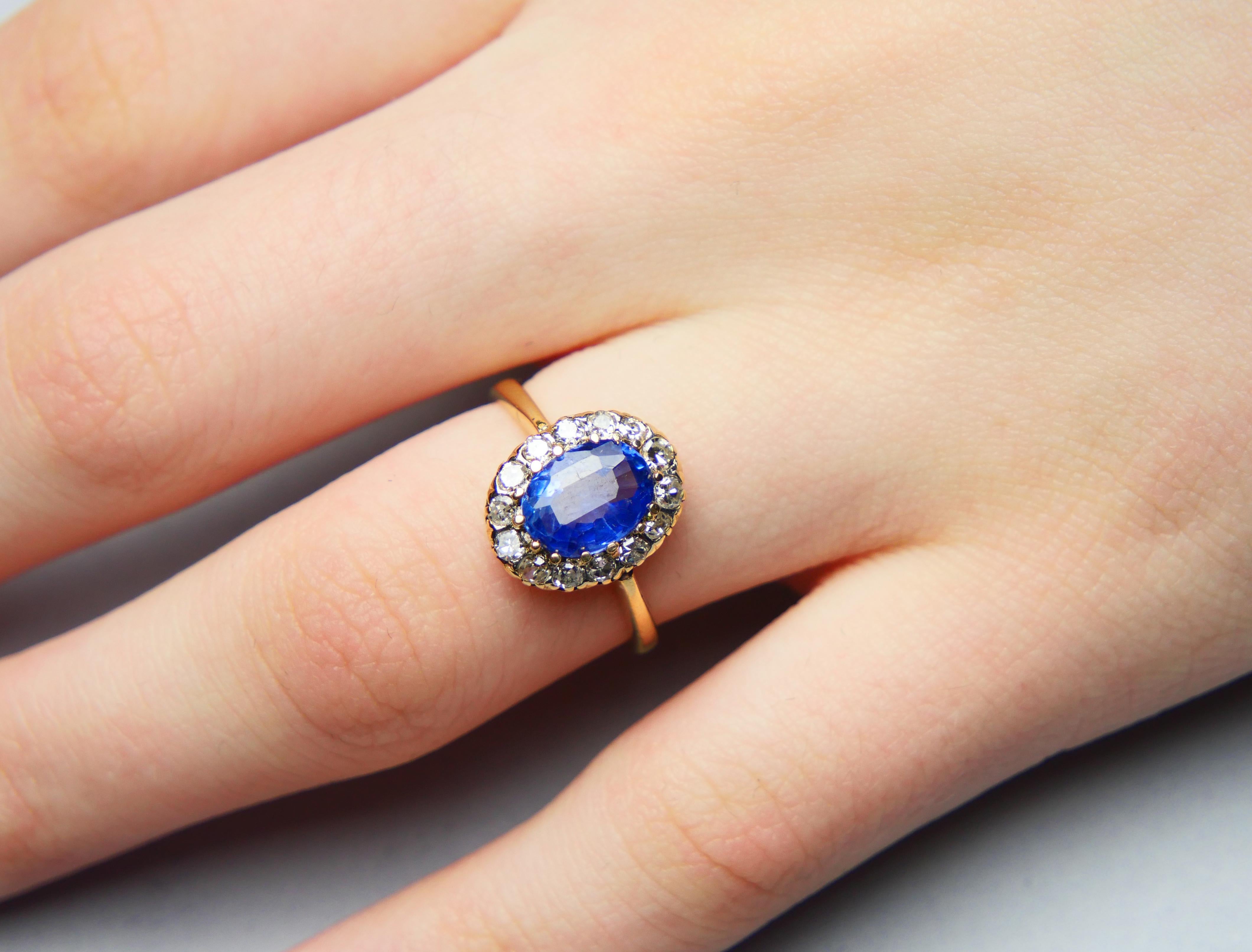 1928 Halo Ring natural 2.3 ct Sapphire 0.56ctw Diamonds 18K Gold ØUS6.25 / 3gr For Sale 1