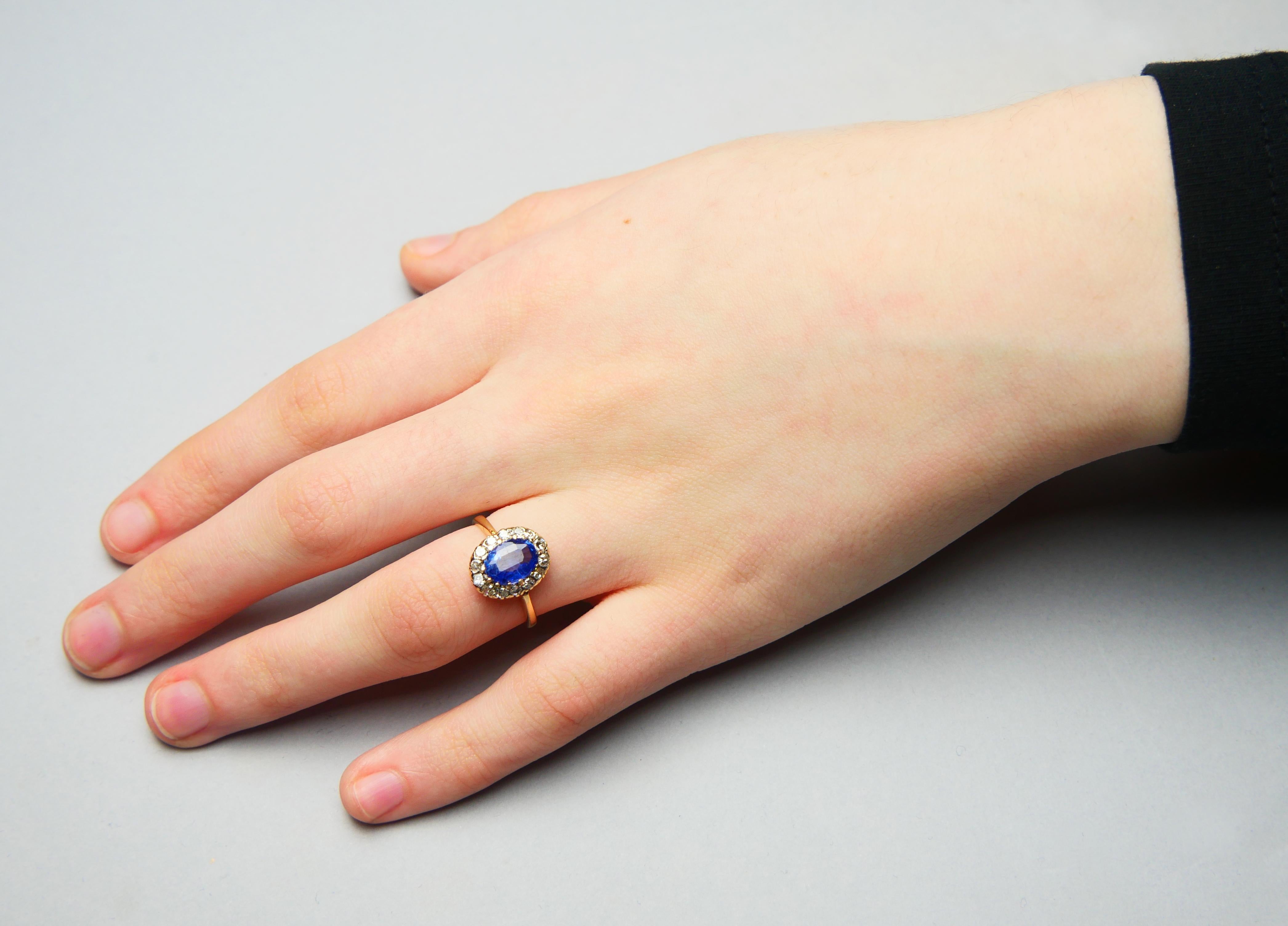 1928 Halo Ring natural 2.3 ct Sapphire 0.56ctw Diamonds 18K Gold ØUS6.25 / 3gr For Sale 2