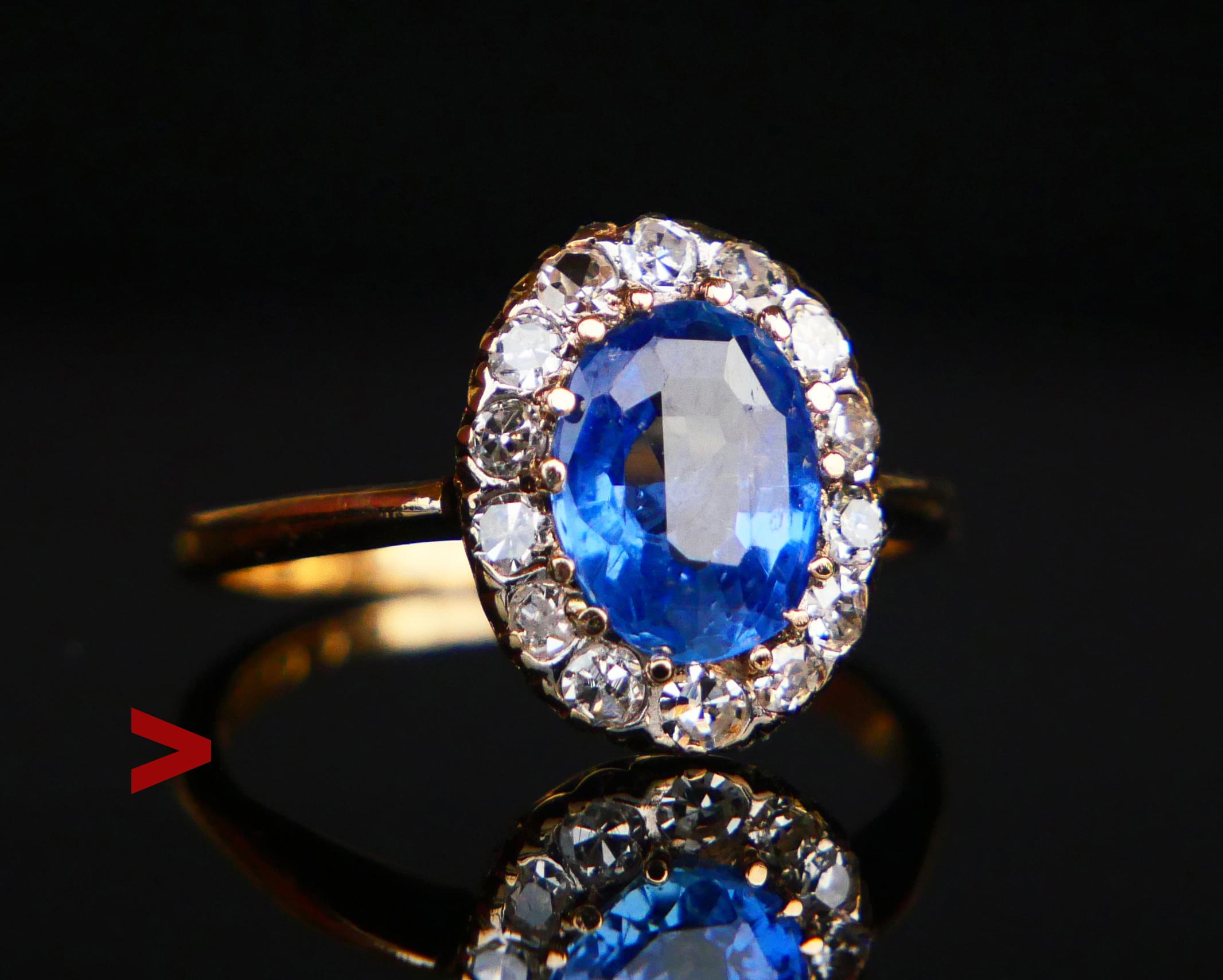 Beautiful Halo Ring in solid 18K Yellow Gold with natural Cornflower Blue Sapphire and 14 Diamonds in White Gold / or Platinum settings.

A bit fragmented Swedish hallmarks, 18K, crowned head (Stockholm). Maker is G.H.Sandqvist.  Year combination
