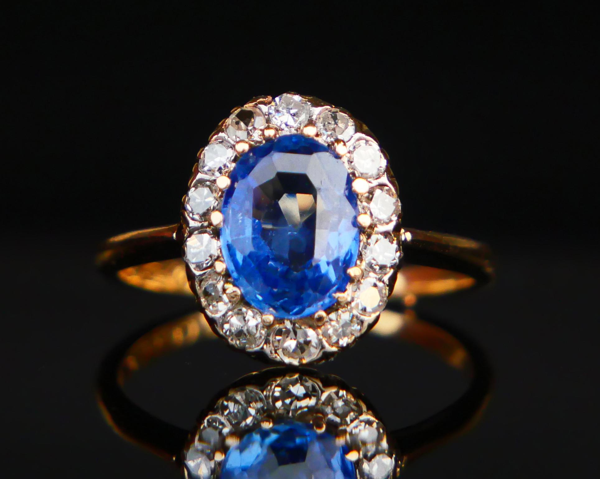 Art Deco 1928 Halo Ring natural 2.3 ct Sapphire 0.56ctw Diamonds 18K Gold ØUS6.25 / 3gr For Sale