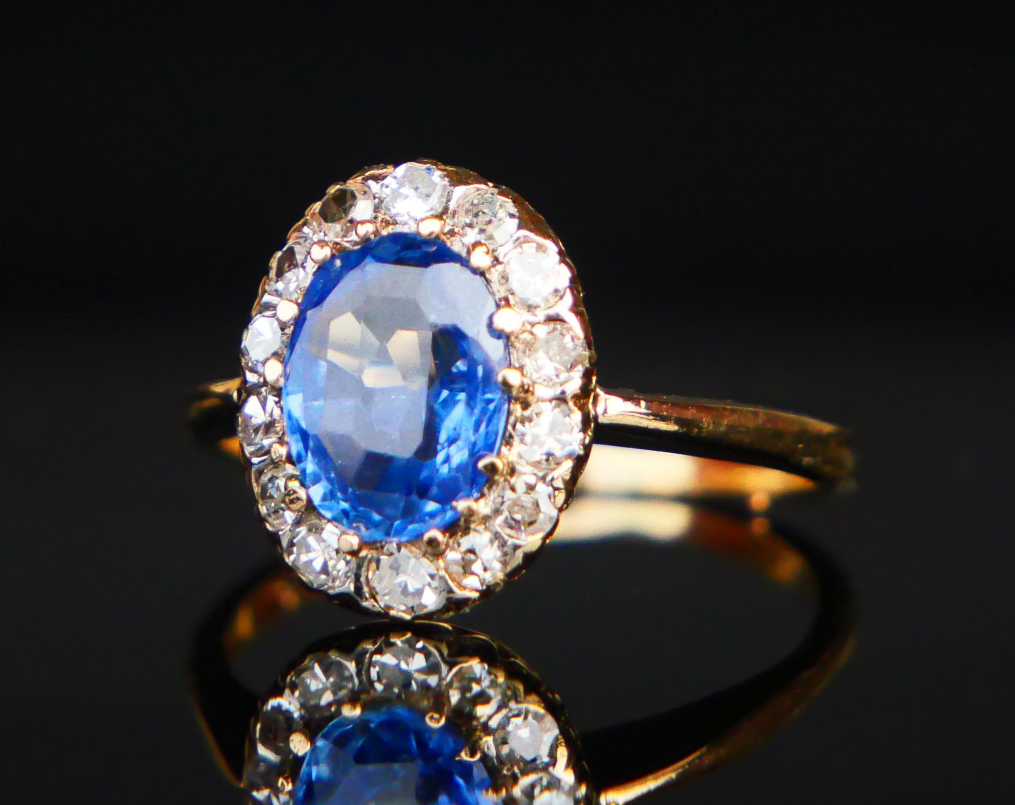 Women's 1928 Halo Ring natural 2.3 ct Sapphire 0.56ctw Diamonds 18K Gold ØUS6.25 / 3gr For Sale