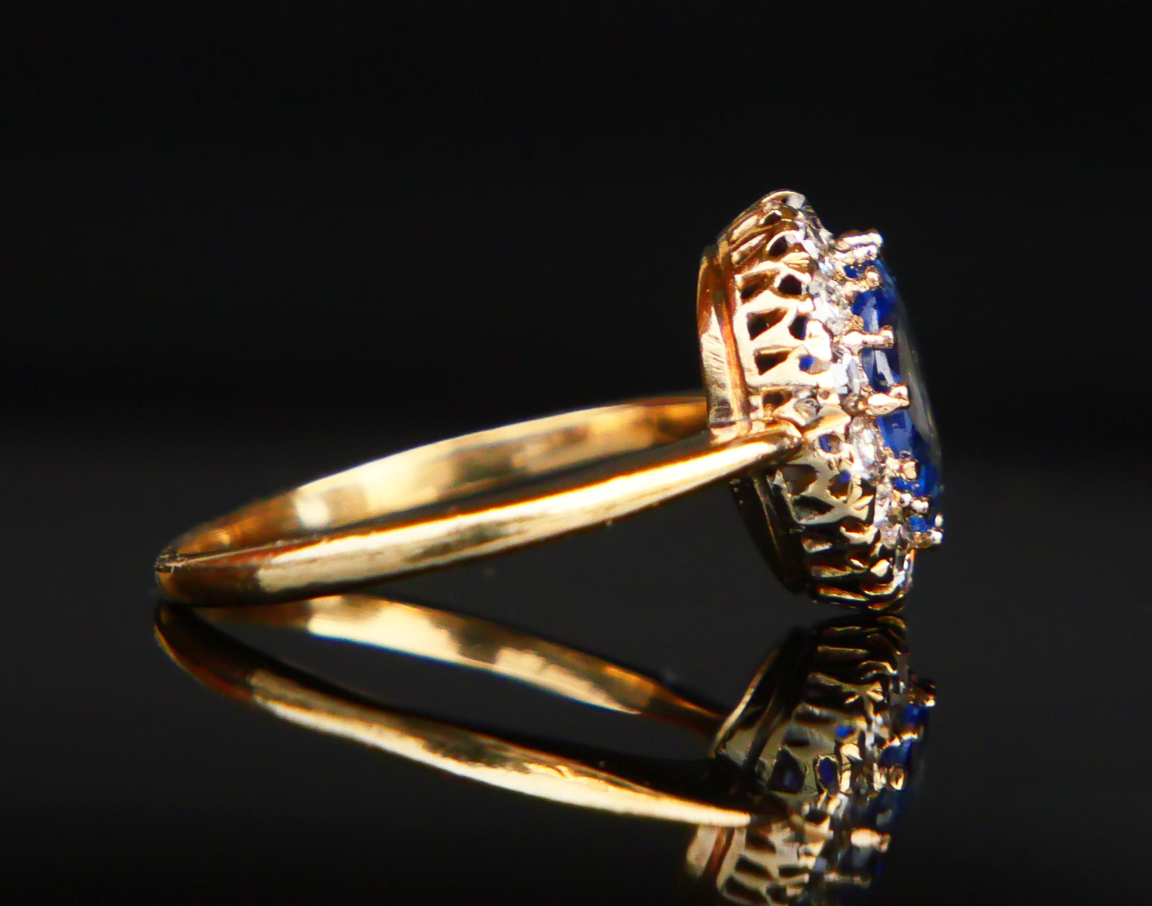 Old European Cut 1928 Halo Ring natural 2.3 ct Sapphire 0.56ctw Diamonds 18K Gold ØUS6.25 / 3gr For Sale