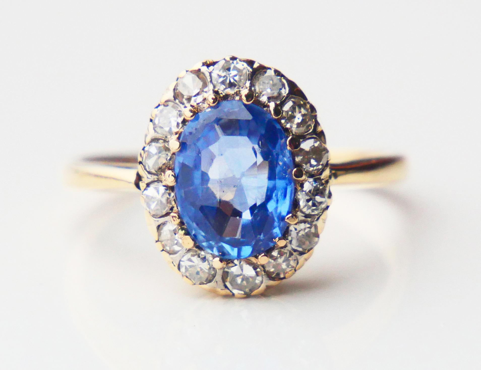 1928 Halo Ring natural 2.3 ct Sapphire 0.56ctw Diamonds 18K Gold ØUS6.25 / 3gr For Sale 4