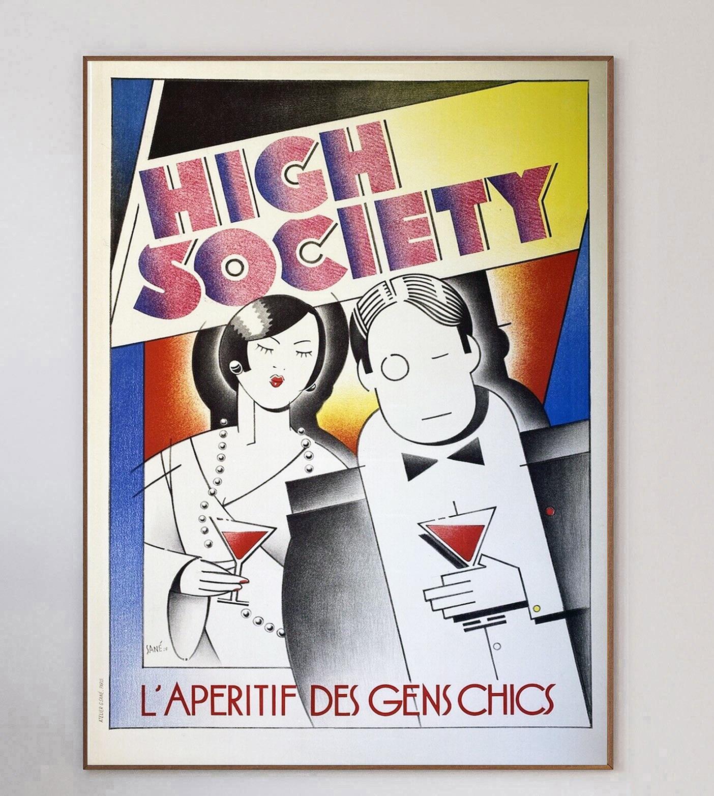 Superbe affiche art déco créée en 1928 pour l'apéritif High Society. Intitulée 