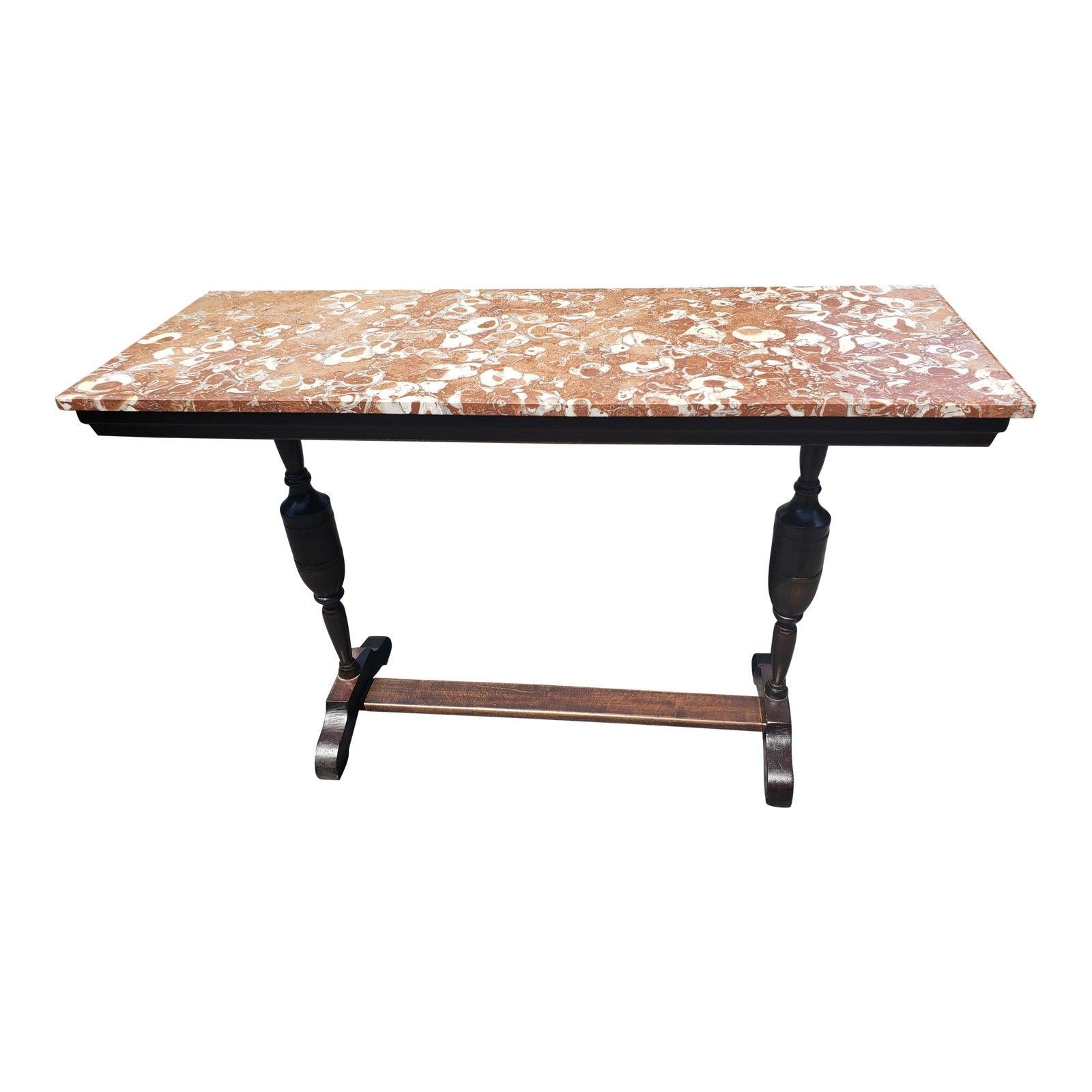 1928 King Furniture Co. Rich Marble Top and Solid Walnut Pedestal Base Console For Sale