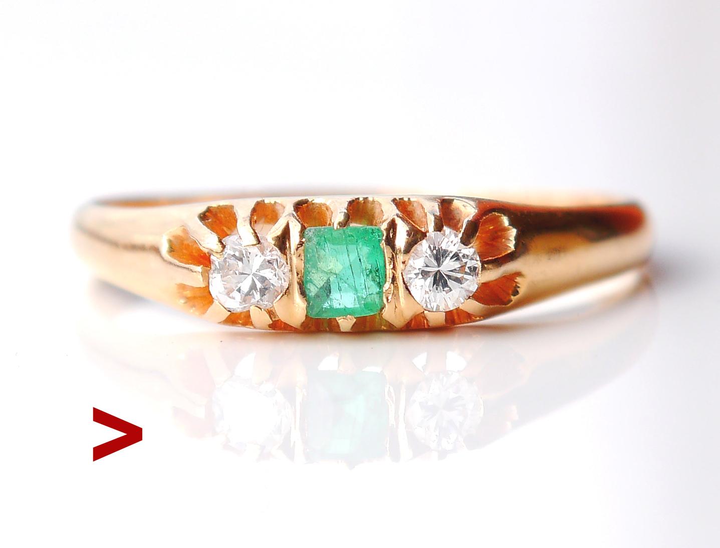 Emerald and Diamonds Ring made in 1928.

Band in solid 18ct Yellow Gold with claws holding natural 3.5 mm x 2.5 mm / ca.0.15 ct Emerald stone accented two diamonds of irregular old diamond cut Ø 2.5 mm each / 0.06 ct each, color ca. G,H/VS. All
