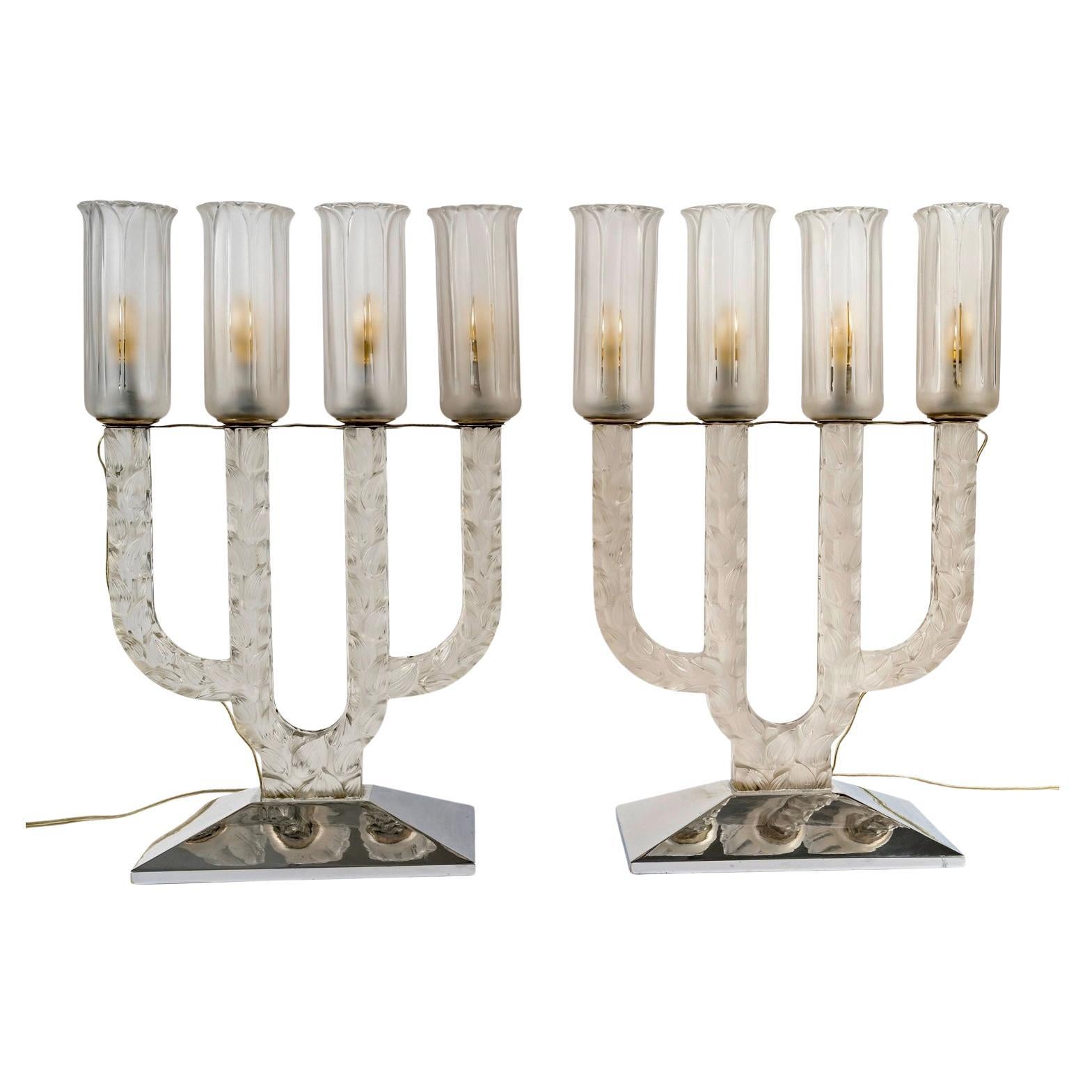 1928 René Lalique - Art Deco Pair Of Candelabras Lamps Oxford Glass For Sale